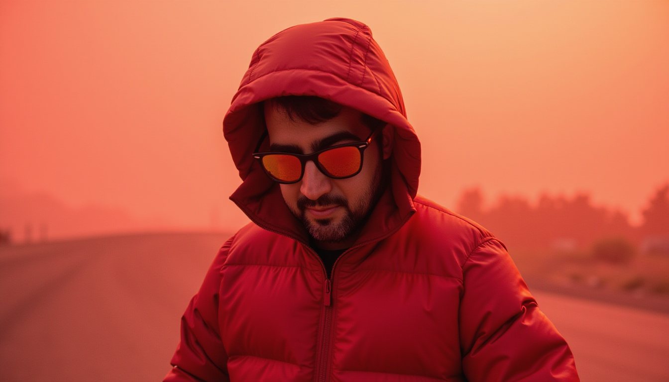 Arthur Basbaum outdoors in a red hooded jacket and sunglasses, on an open road under a hazy orange sky.